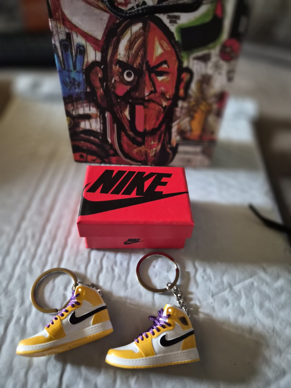 Nike Yellow, White & Purple Mini Sneaker Keychain Pair